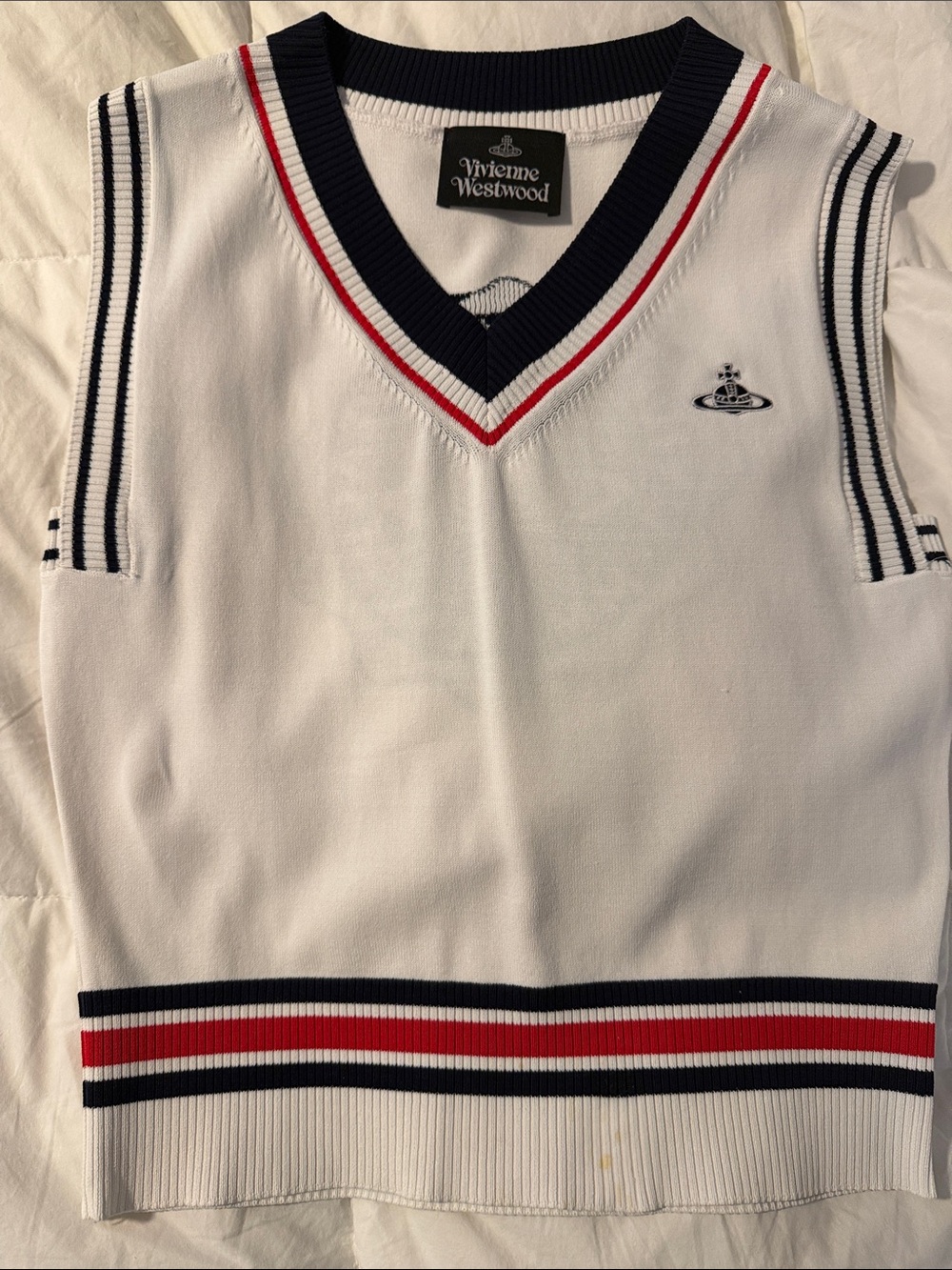 Vivienne Westwood White Knit Vest with Navy & Red Stripe Trim
